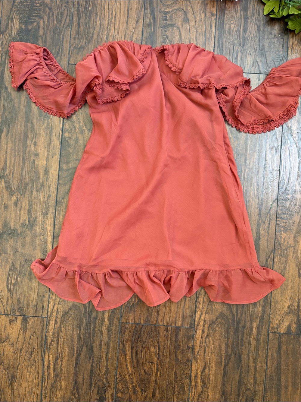 Off-Shoulder Rust Ruffle Mini Dress - Picture 5 of 11